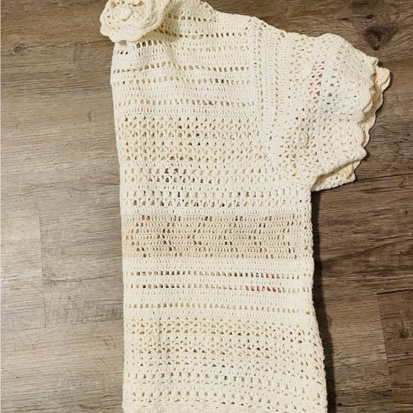 Vintage Crochet Shirt - Cream with Pink Floral Accents - Picture 6 of 6